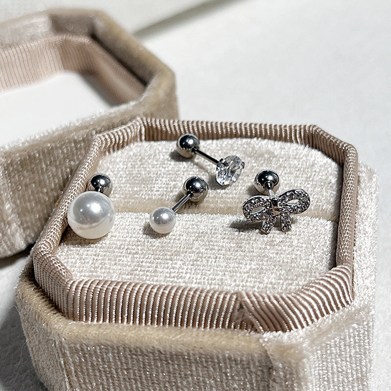 Wholesale  Bow Pearl Titanium Steel Screw Ear Nail Earrings