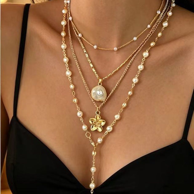 Wholesale Zinc Alloy Electroplated Double Layer Pearl Shell Necklace Summer Beach Vacation Style Fashion Accessory