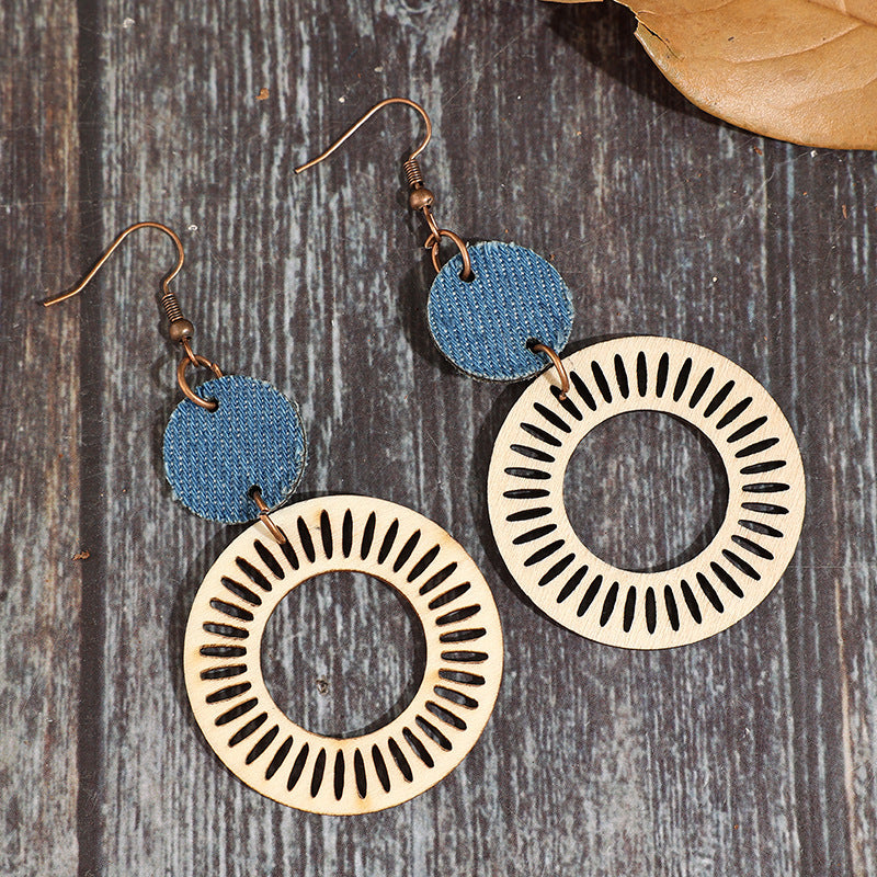 Wholesale Wooden Vintage Bohemian Double-Layer Hollow Circle Earrings Jewelry Accessory