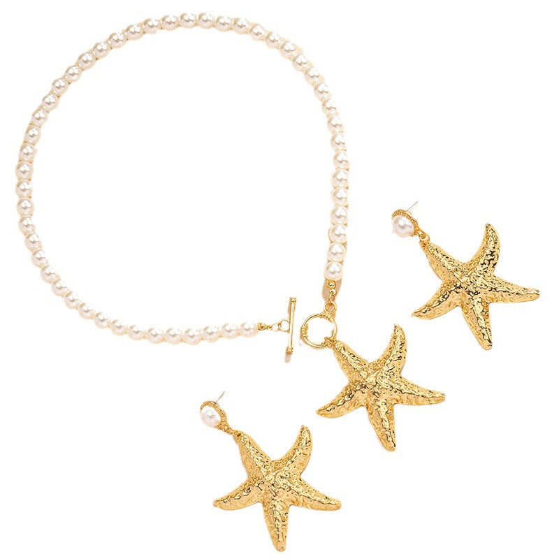Wholesale Alloy Electroplated Sea Star Earring And Necklace Set Pearl Chain Beach Style For Women