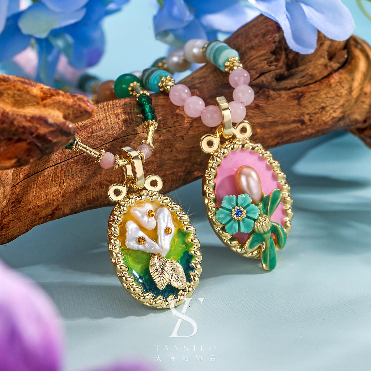 Wholesale  Natural Agate Stone Oil Painting Necklace Light Luxury  Beaded Necklace