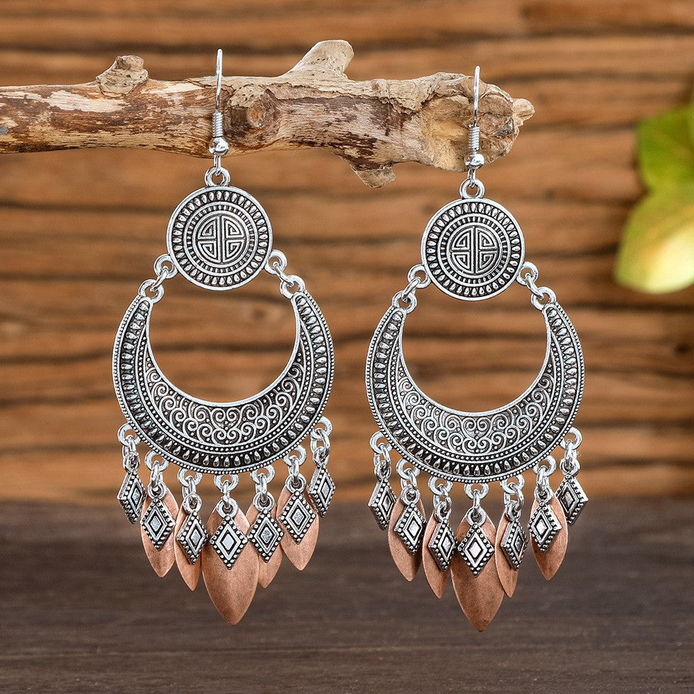 Wholesale Zinc Alloy Retro Ethnic Tassel Earrings with Geometric Pattern,  Fashion Accessory Gift