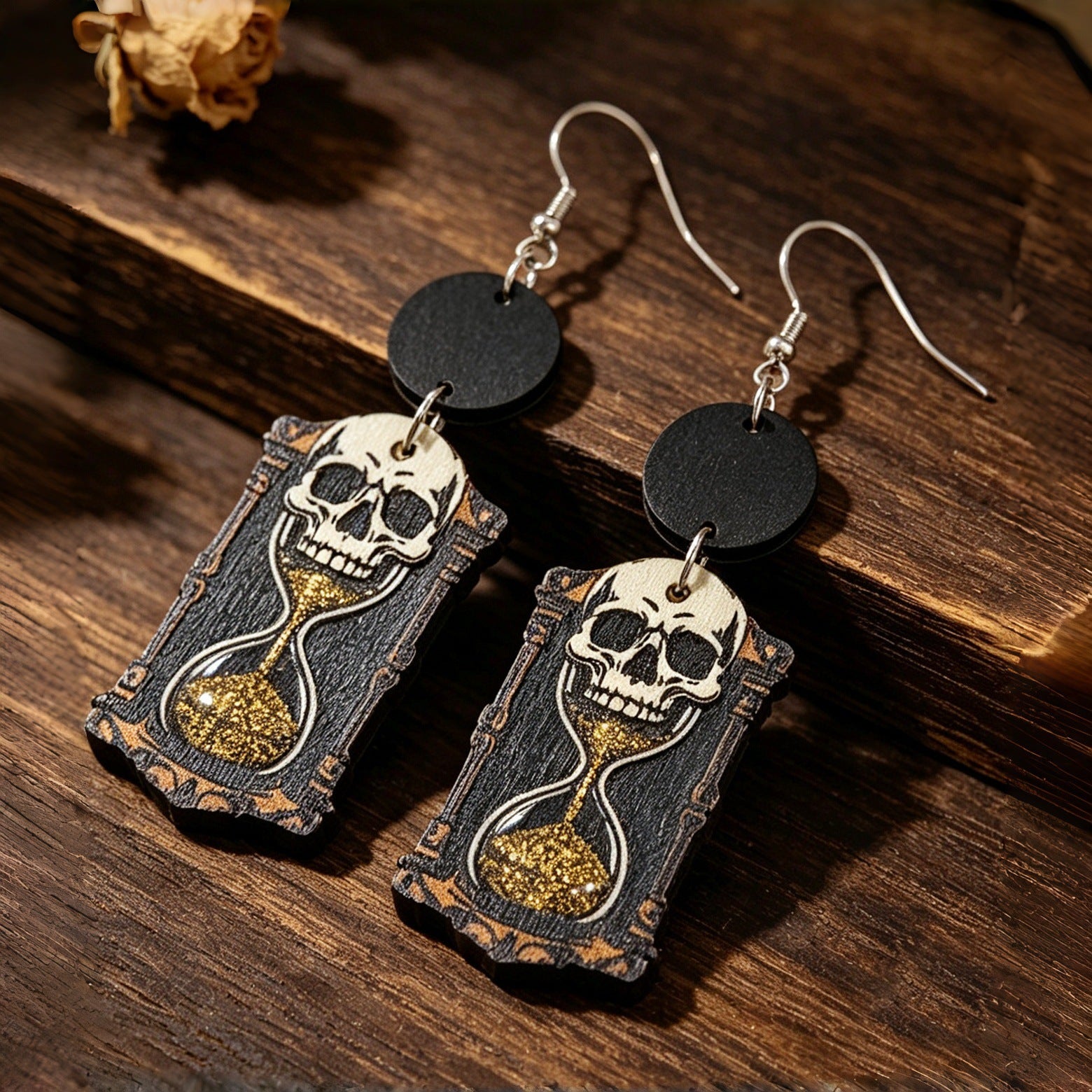 Wholesale Skull Hourglass Wooden Earrings Retro Dark Style  Jewelry Accessory