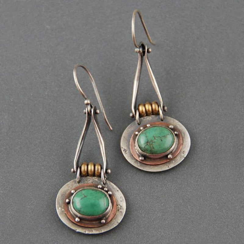 Wholesale Stylish Retro Oval Turquoise Double Color Alloy Earrings Jewelry Accessory