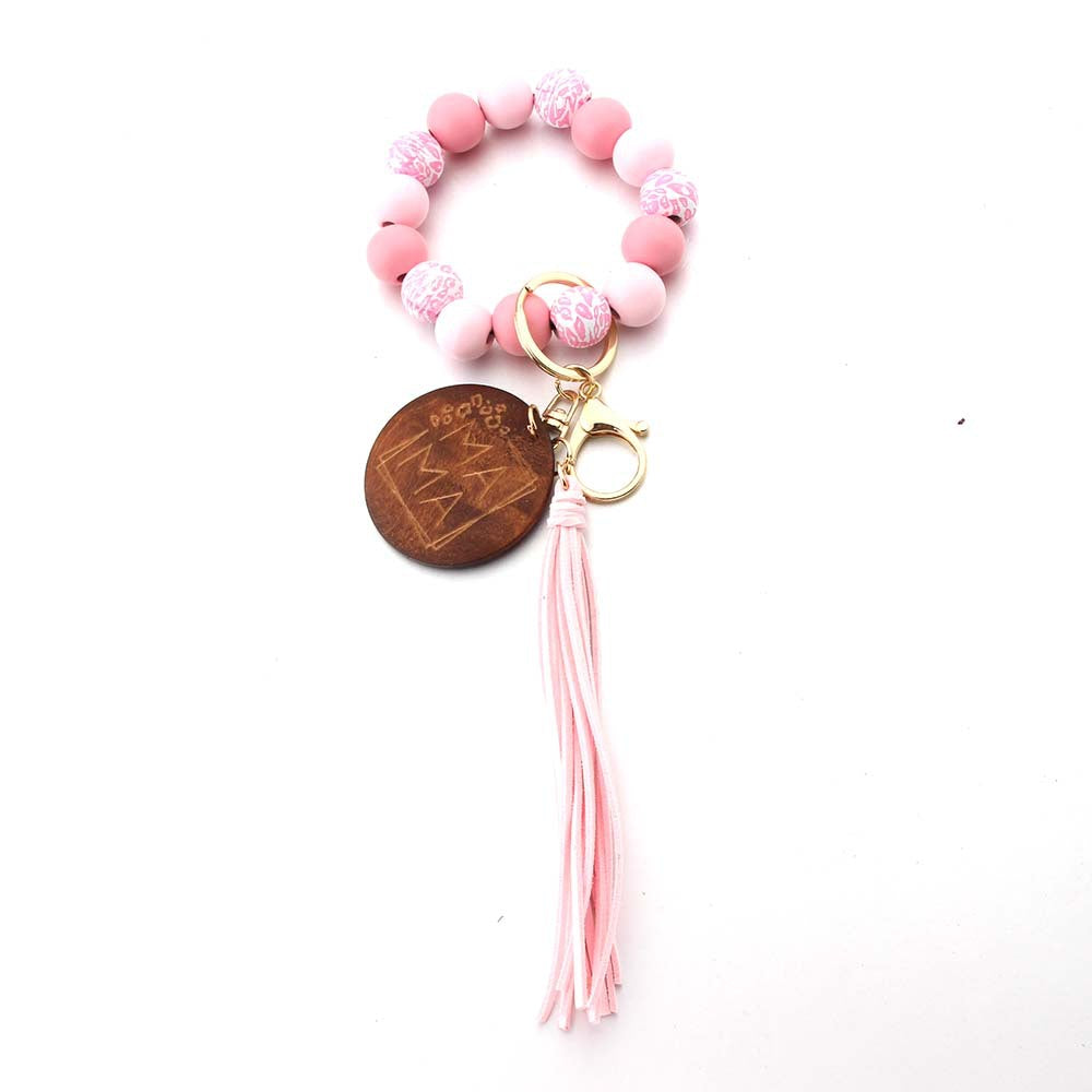 Wholesale Leopard Print MAMA Mother's Day Wooden Beads Beaded Keychain Wristlet Keychain ACC-KC-JinAn010