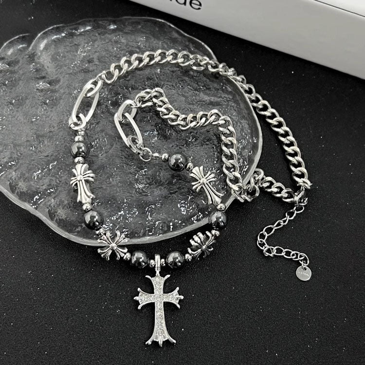 Wholesale Titanium Steel  retro Gothic style black silver beaded cross necklace