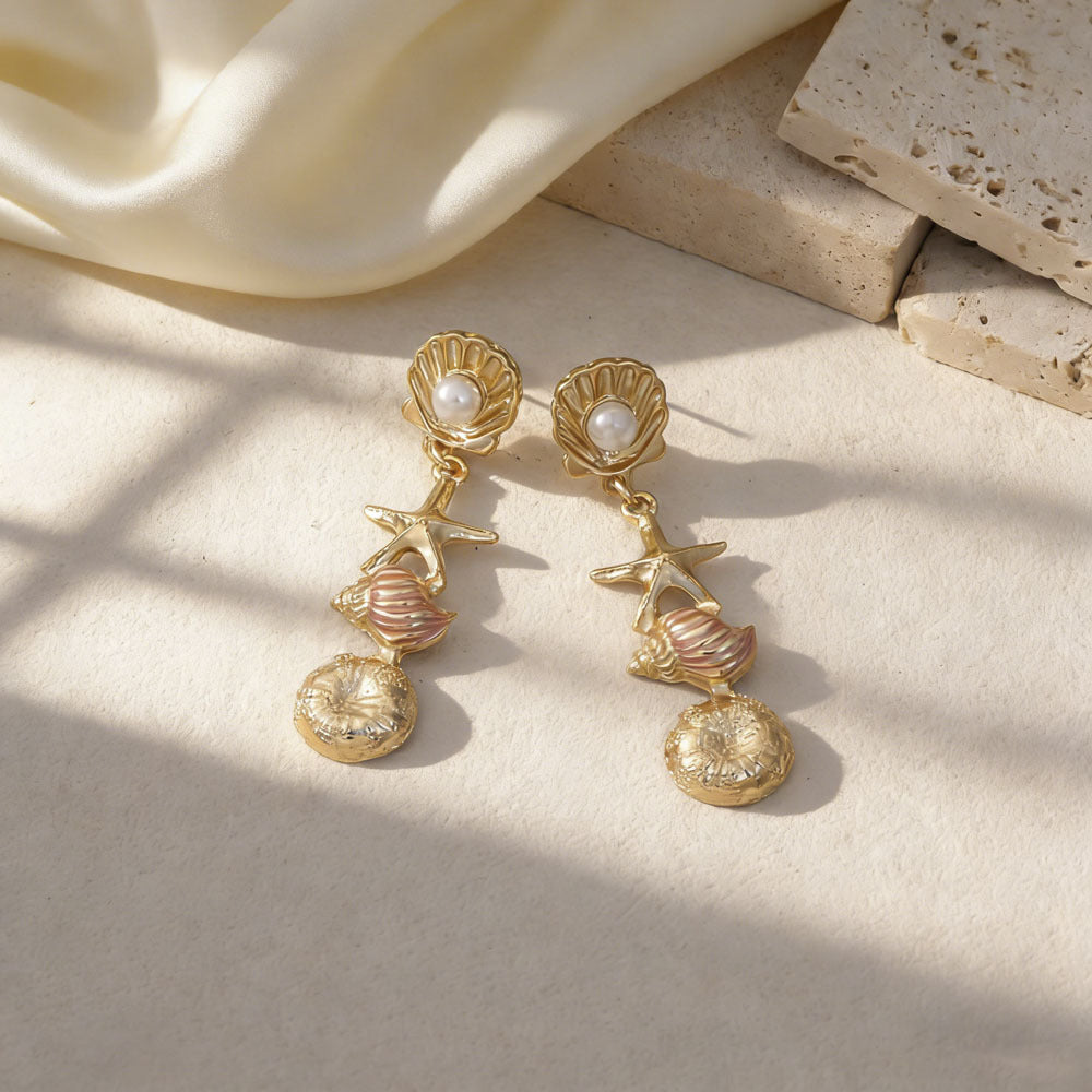 Wholesale Ocean-Inspired Textured Gold Conch and Starfish Stud Earrings