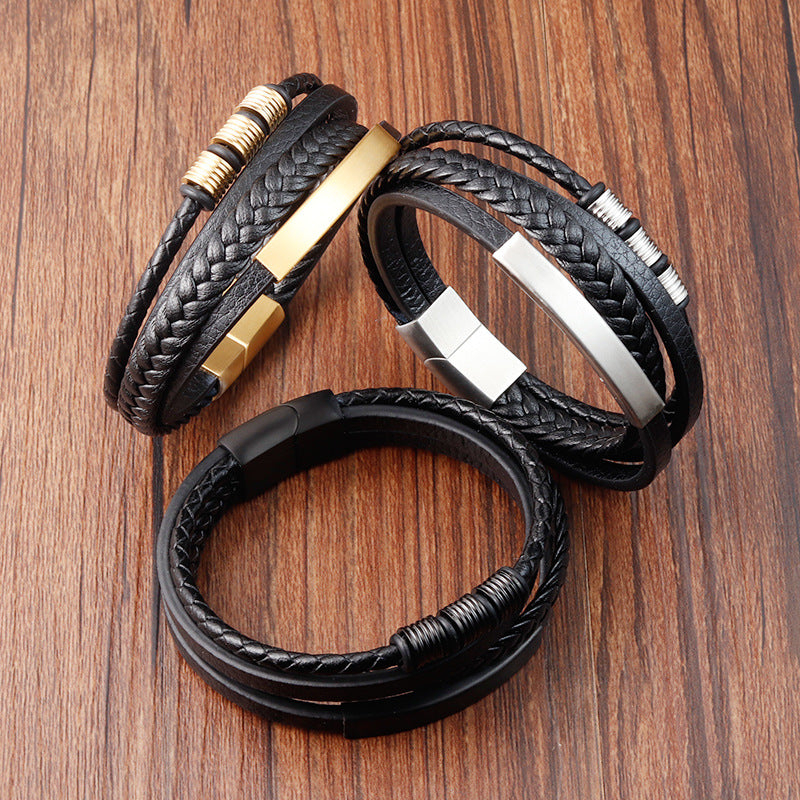 Wholesale Multi-layer Woven Men's Cowhide Stainless Steel Bracelet ACC-BT-OSD003