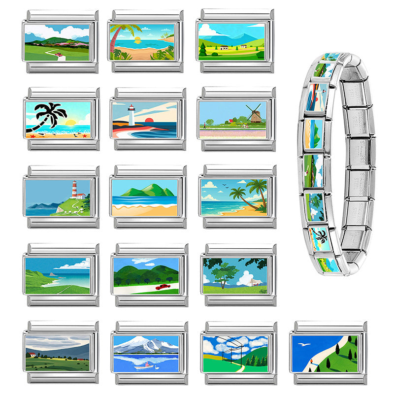 Wholesale Stainless Steel Electroplated DIY Modular Bracelet Blue-Green Landscape Fashion Accessory