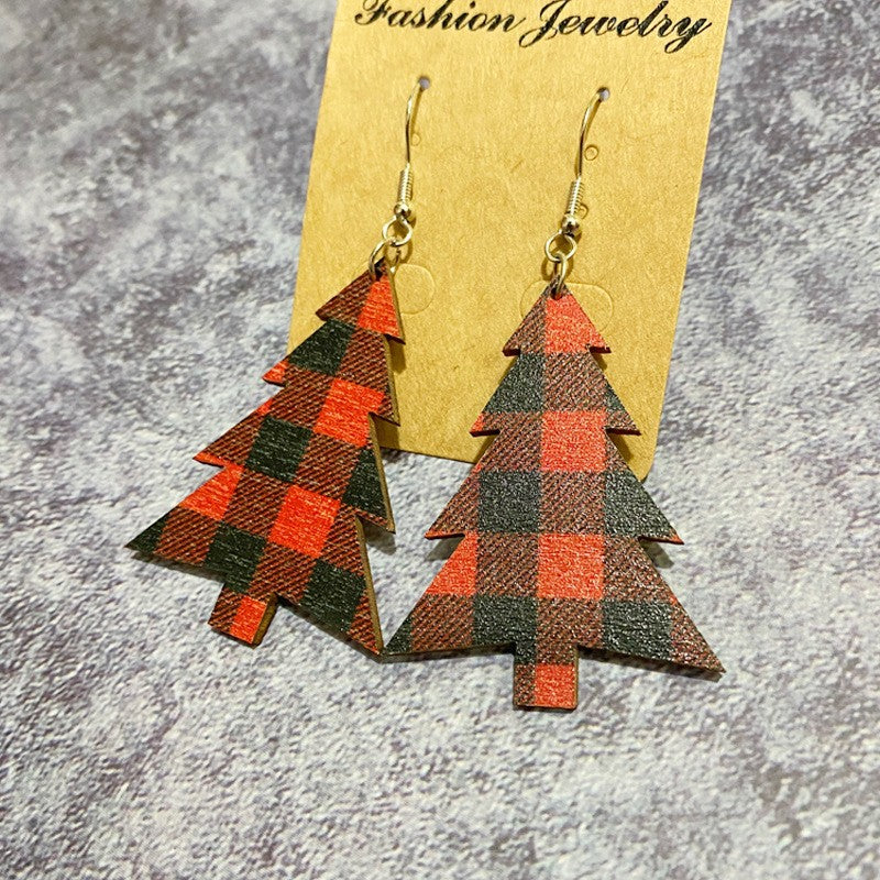 Wholesale Christmas earrings snowflake buffalo plaid Christmas tree wood earrings