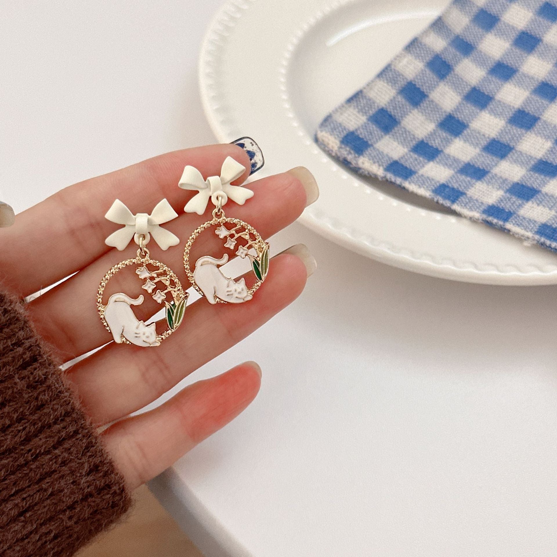 Wholesale Japanese Korean Style Cat Bow Earrings,  Alloy Clip-On Flower Design,  Fashion Accessory for Party Boutique Resale