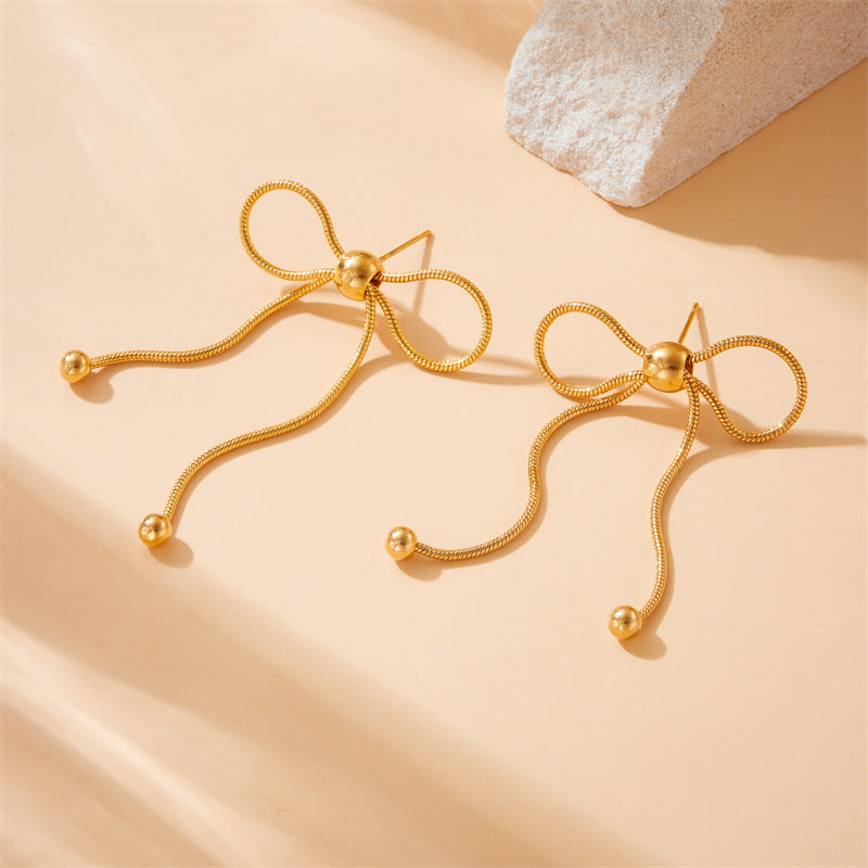 Wholesale Gold Plated Earrings Stainless Steel Earrings Beaded Bow Chain Earrings ACC-ES-QianYue001