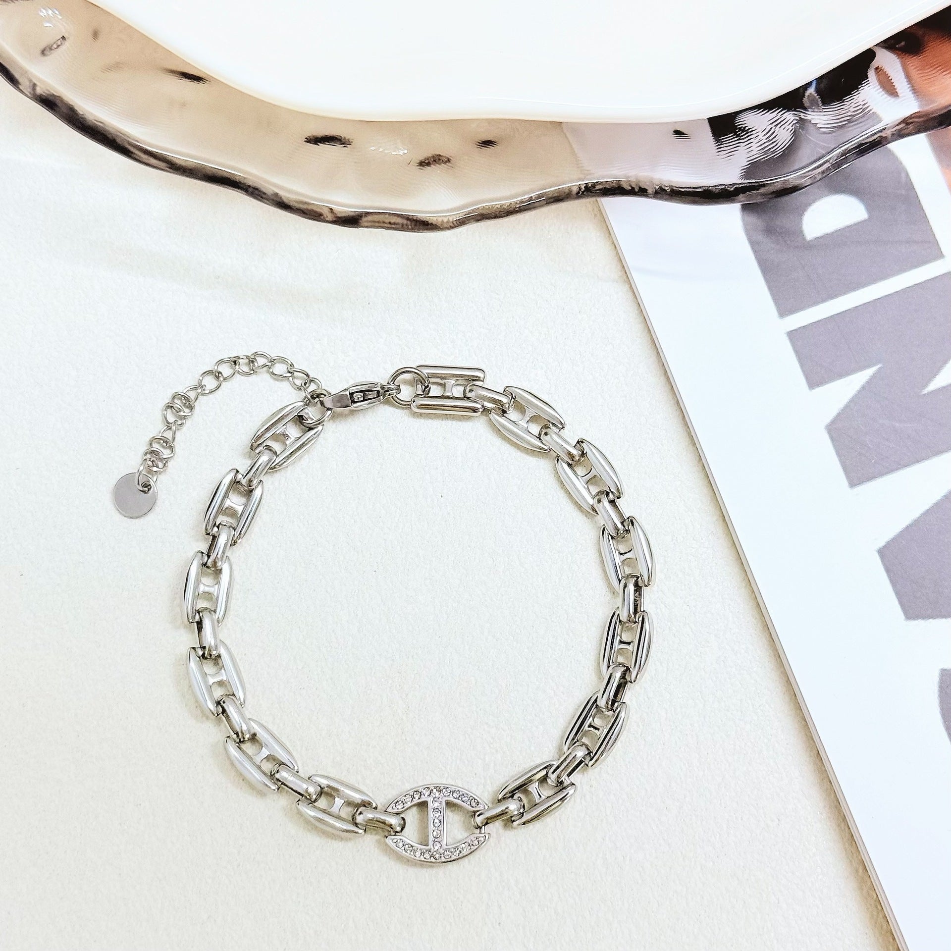 Wholesale Titanium Steel Diamond Encrusted Bracelet with Diamond Studded Tail Chain