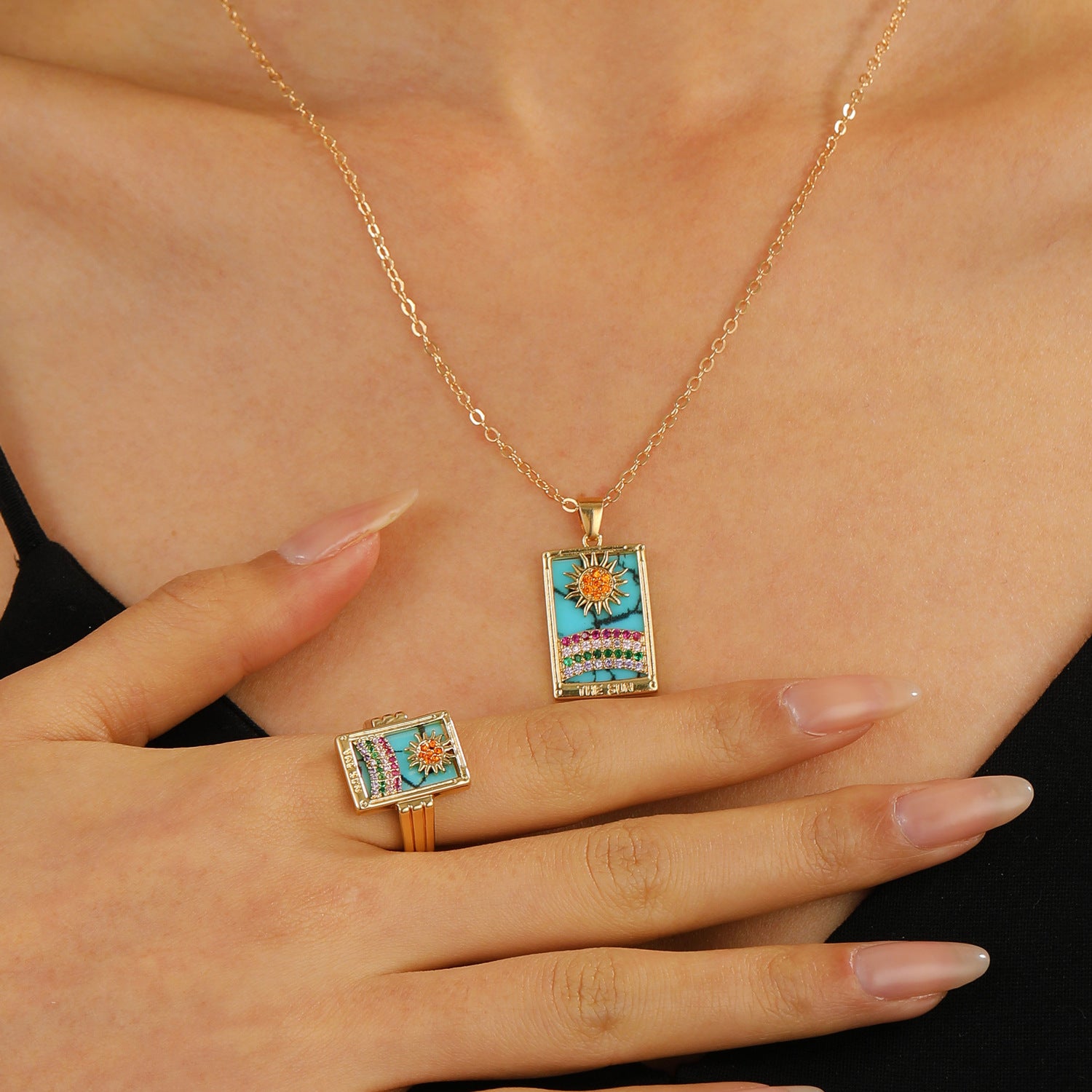 Vendita all'ingrosso Anelli con collana a goccia rettangolare con pendente retrò