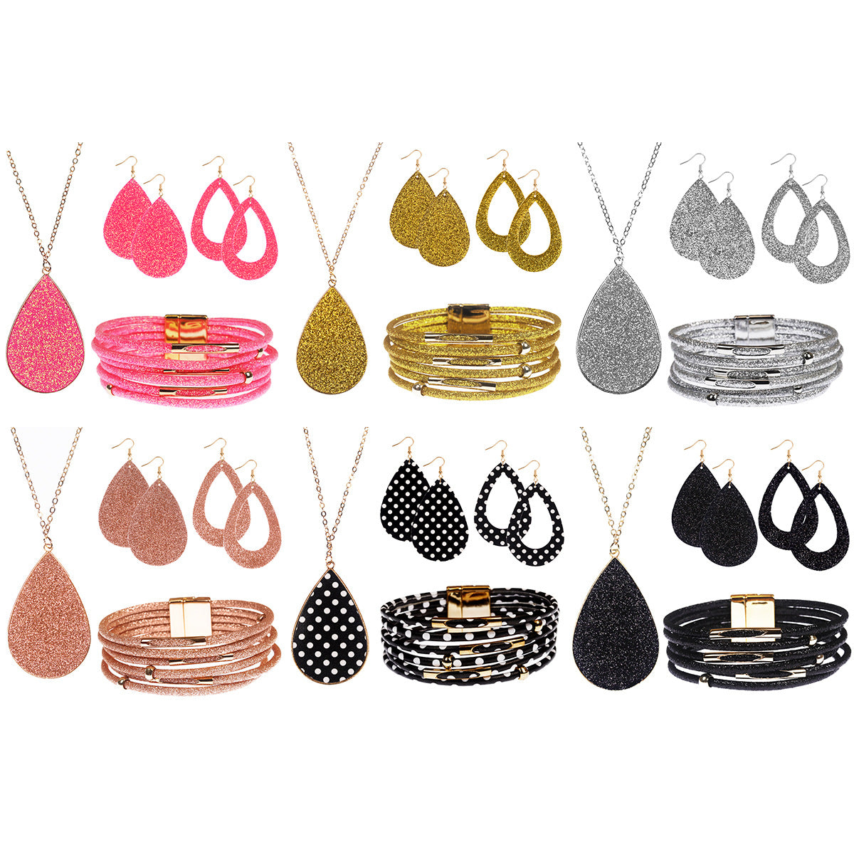 Wholesale Four-Piece Jewelry Set  Multi-Color Sequin Alloy Necklace Pu Leather Earrings Magnetic Bracelet