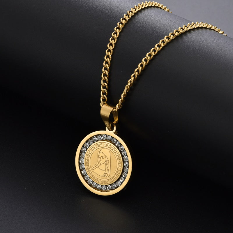 Wholesale titanium steel round zircon pendant necklace