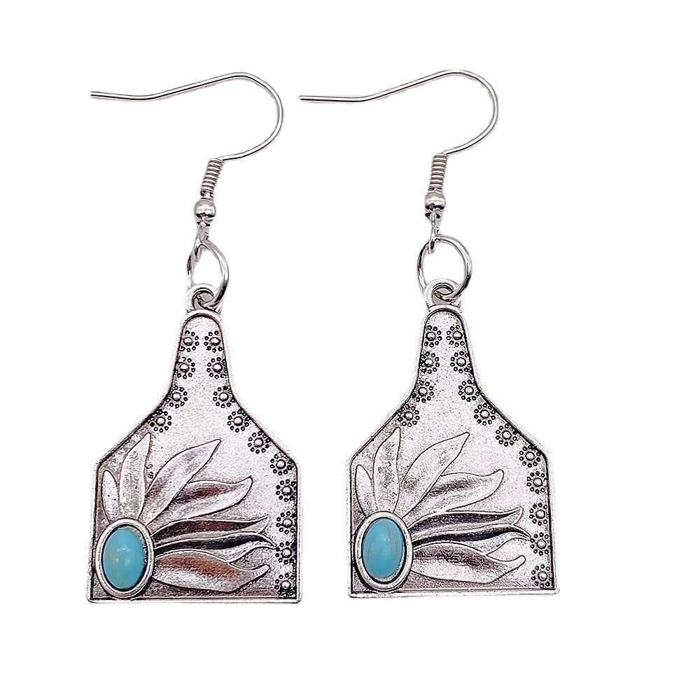 Wholesale Cactus earrings retro ethnic style concave-convex turquoise flower pendant  earrings
