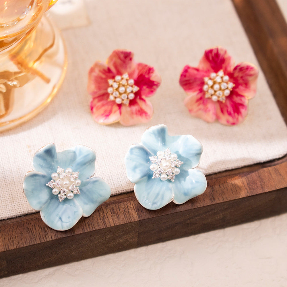 Wholesale Silver needle color zircon pearl camellia earrings