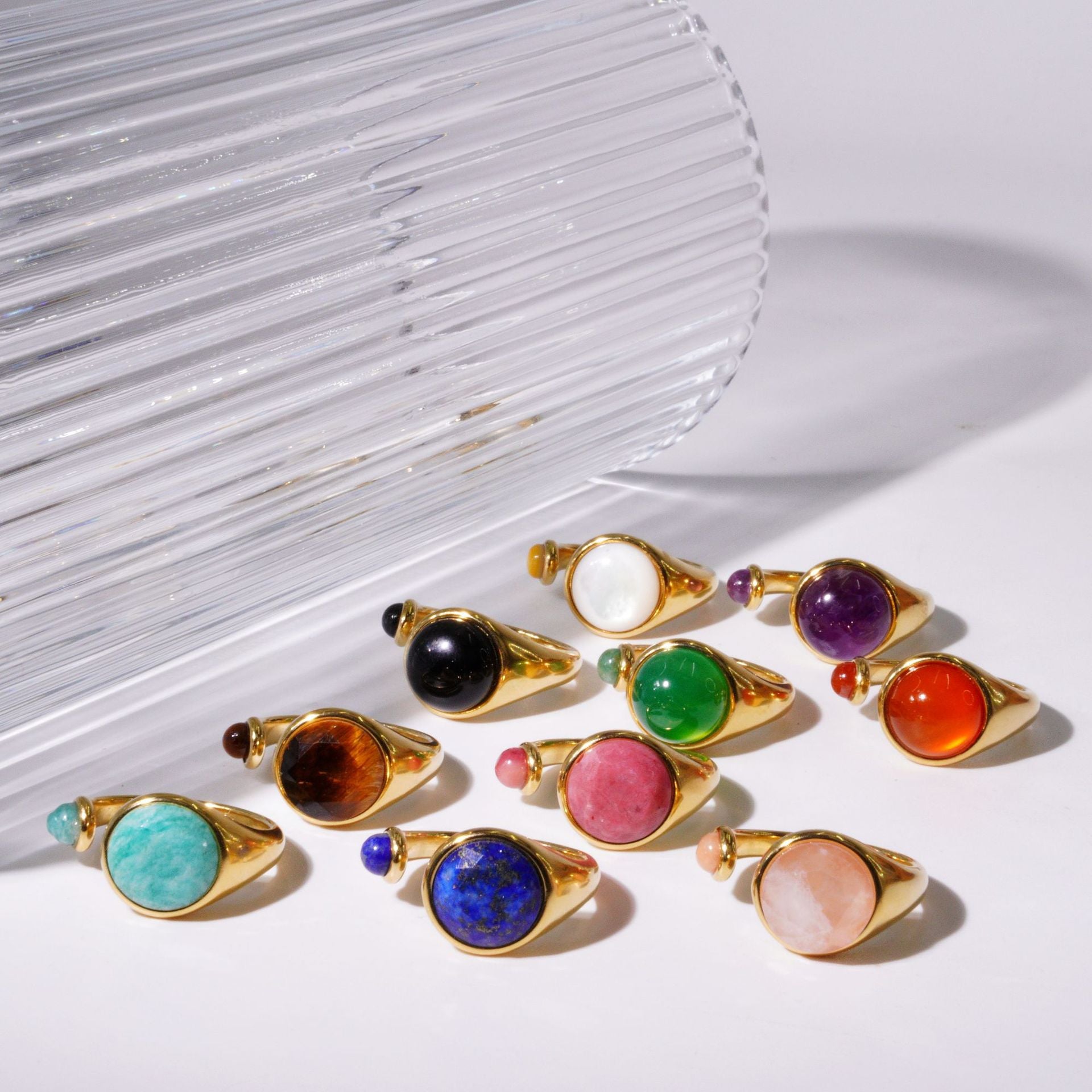 Wholesale Titanium Steel Adjustable Open Ring with Natural Stone Inlay Palace Style Jewelry Gift