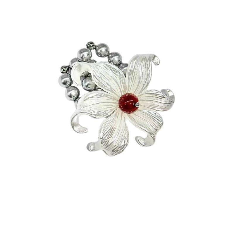 Wholesale Flower Double Silver Pearl  Elastic Ring