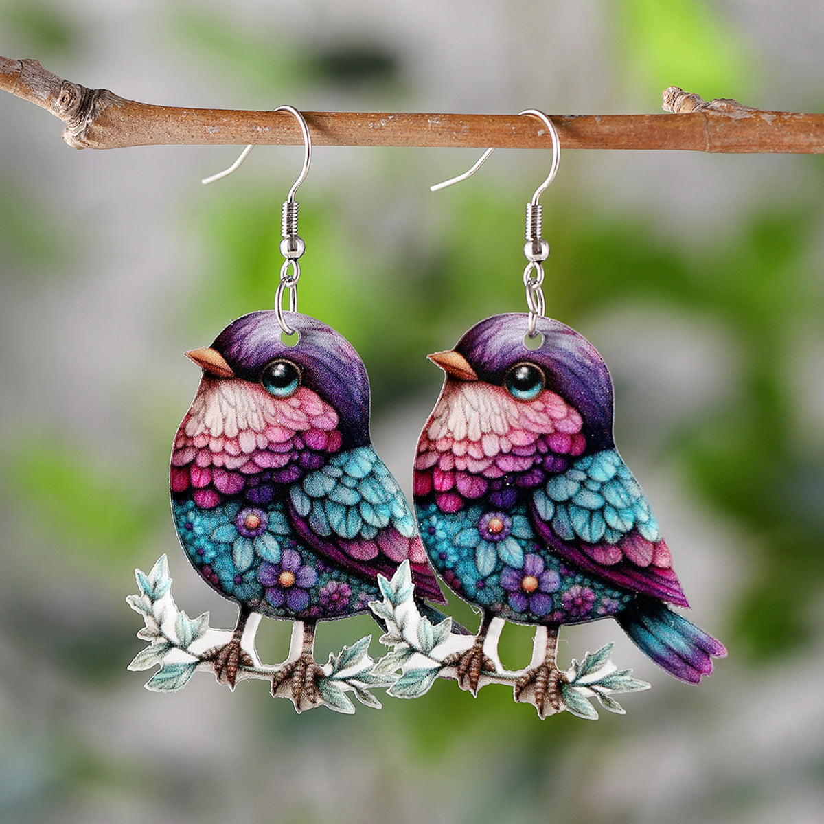 Wholesale Cute colorful bird hummingbird flower branch acrylic pendant earrings