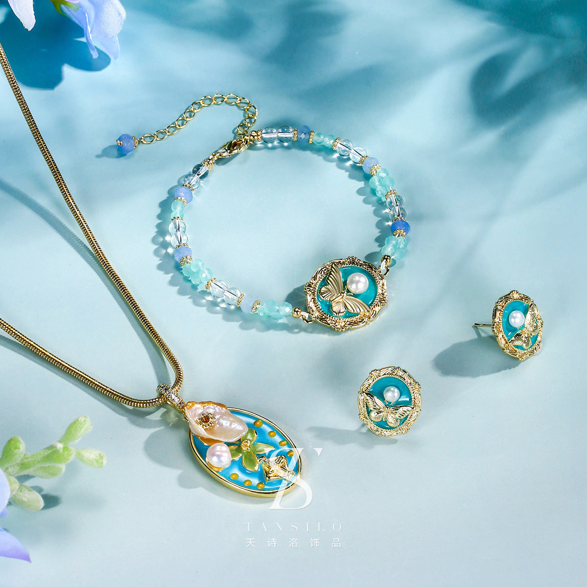 Wholesale Blue Pearl Necklace Natural Baroque Pearl Butterfly Bracelet  Jewelry suit