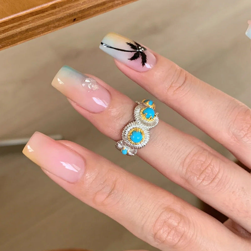 Wholesale  Turquoise Brushed Ring,  Exquisite Retro High-End Stacking Niche Ring