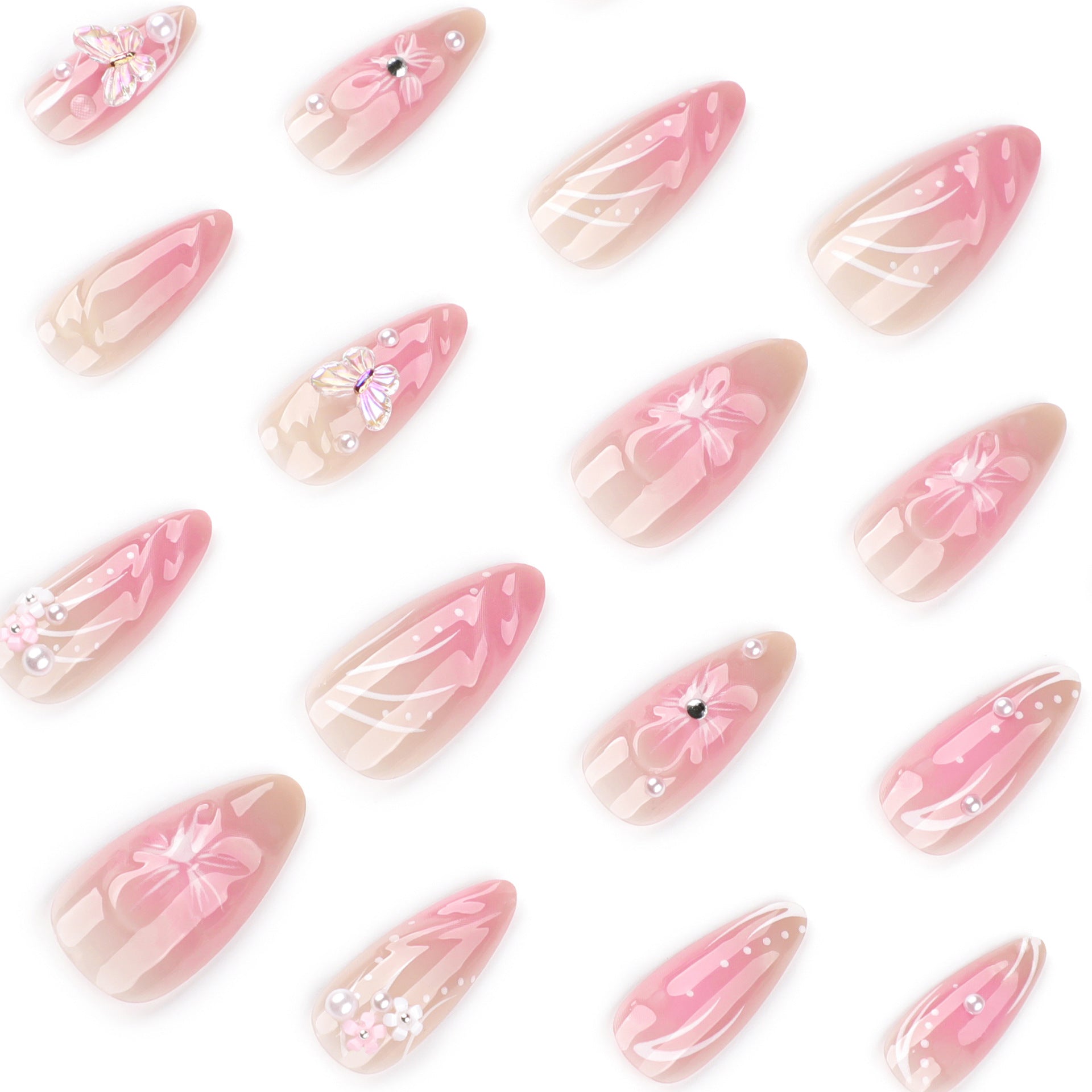 Wholesale 24 Pieces/box Pink Diamond Flower Bow Nails Kits Nail Stickers