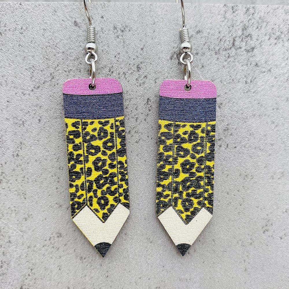 Wholesale Wooden Leopard-Print Pencil  Crayon  and Scissors Earrings