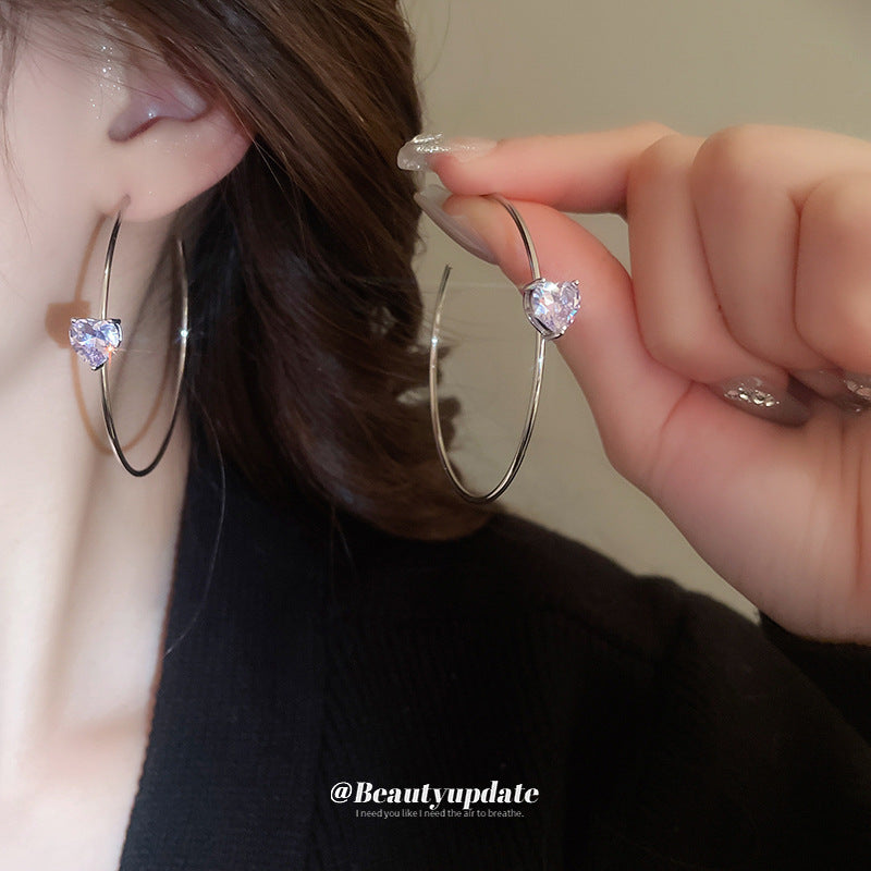 Wholesale Real Gold Silver Needle Zircon Love C- shaped Earrings