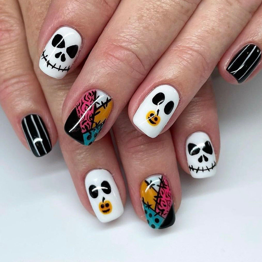 Wholesale 24 Pieces/box Halloween Glossy Ghost Face Pumpkin Press-on Nails Kits Nail Stickers ACC-NS-GuaiXL068