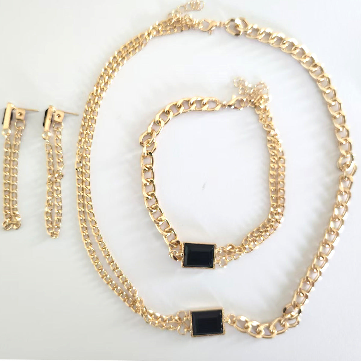 Wholesale Stylish Geometric Zircon Jewelry Set Blue Square Alloy Double Chain Layered Necklace Earrings Hand Accessory Everyday Boutique Resale