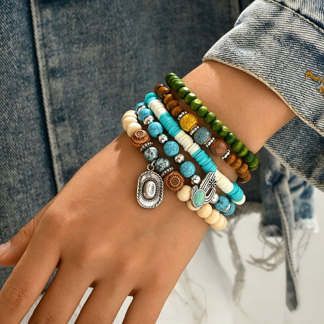 Wholesale Retro Cowboy Turquoise Bracelet Set Women S Handmade Engraved Metal Jewelry 5 Piece Gift Everyday Wear