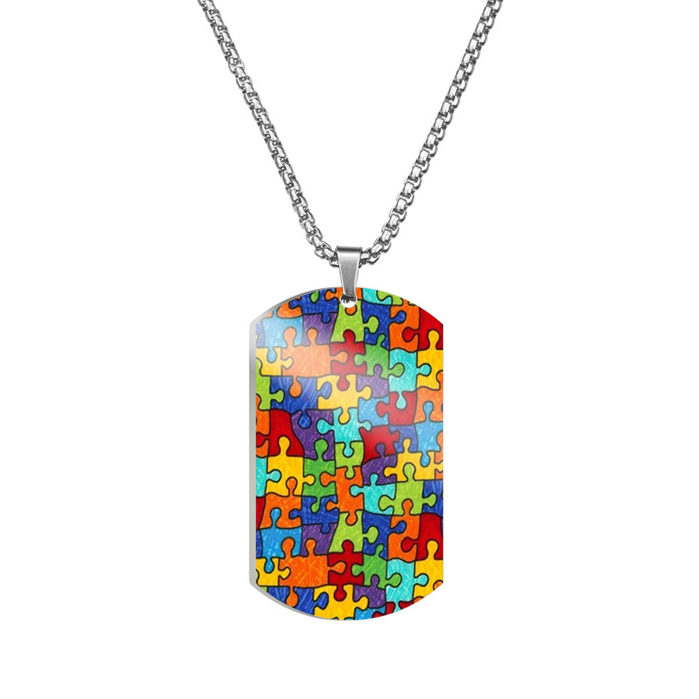 Wholesale Autism Puzzle Color Printed Pendant Stainless Steel Necklace ACC-NE-HuanYu001