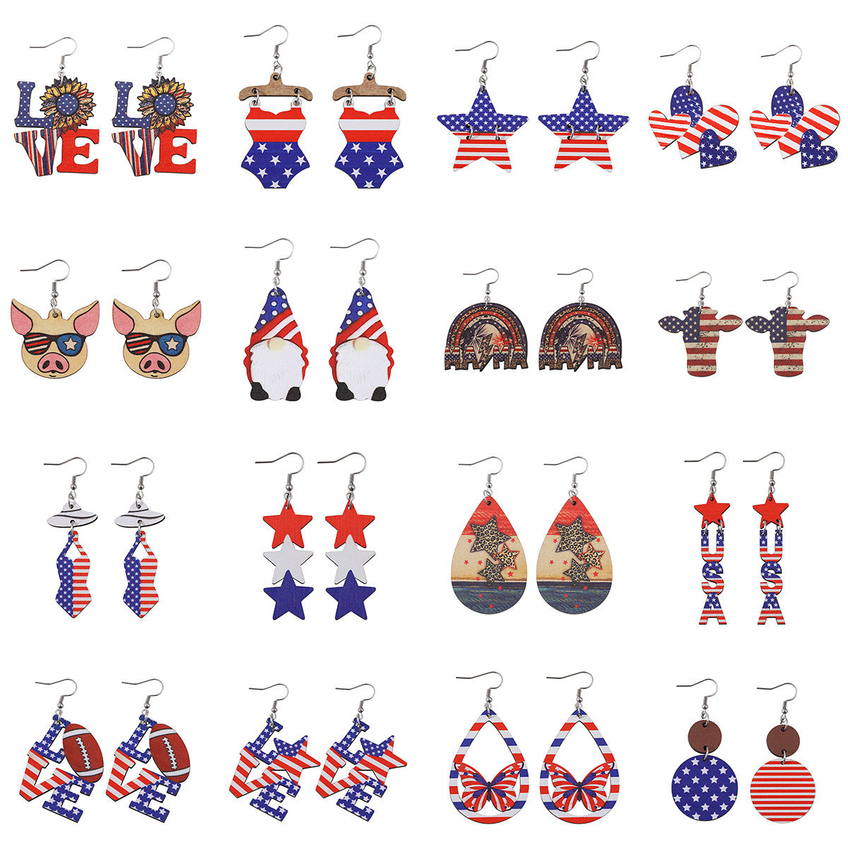 Wholesale of American Independence Day Five Pointed Star Rainbow Bull Head Heart Wooden Double Sided Earrings ACC-ES-ChuLian015