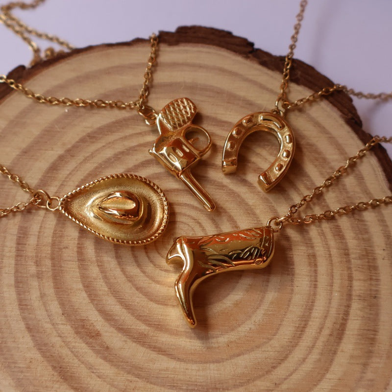 Wholesale cowboy series boots hat revolver stainless steel 18K gold plated necklace