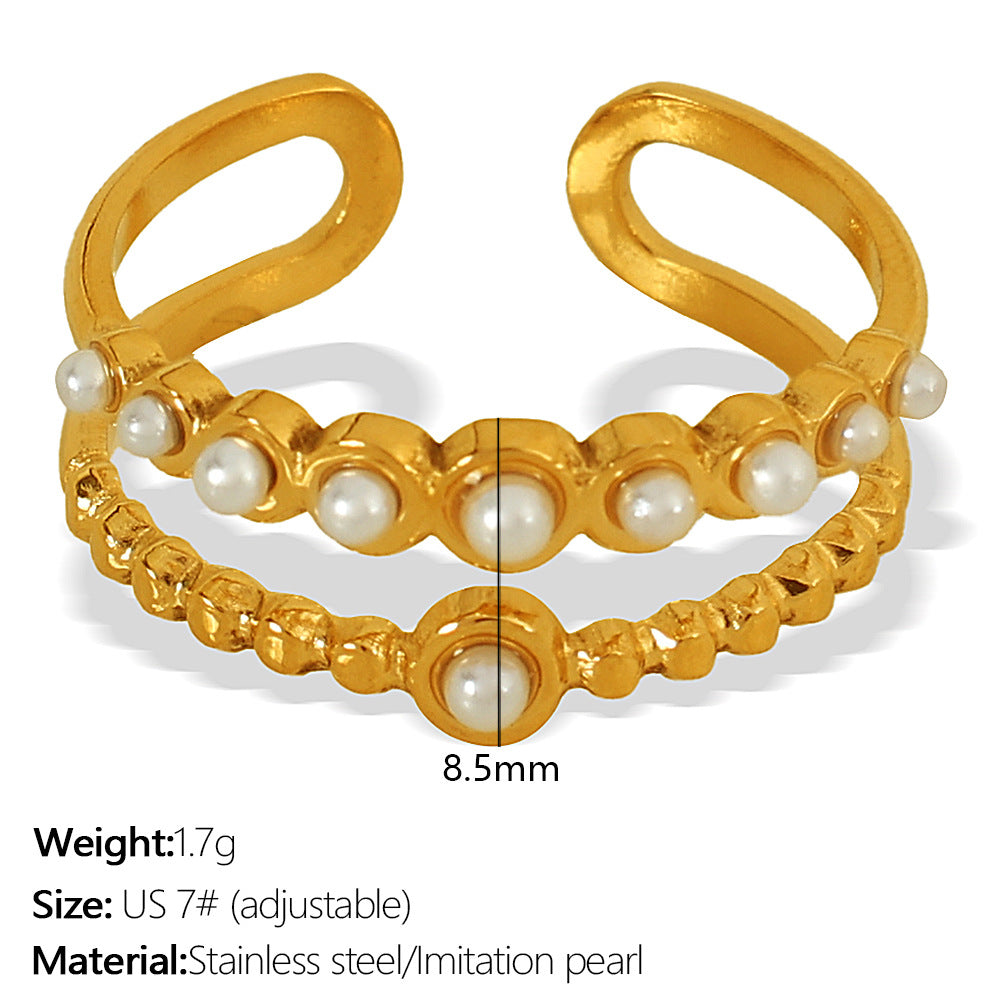 Wholesale high sense inlaid imitation pearl rhinestone ring retro titanium steel cross leaf ring jewelry