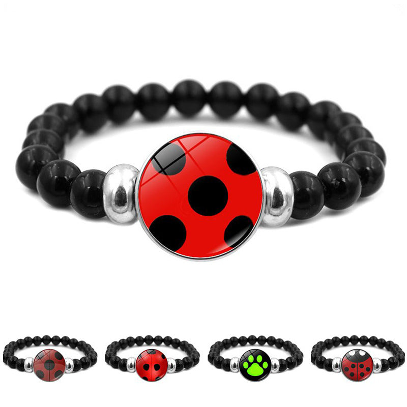Wholesale Cartoon Ladybug Bear Paw Print Black Elastic Bead Bracelet Handmade Glass Jewelry Gift