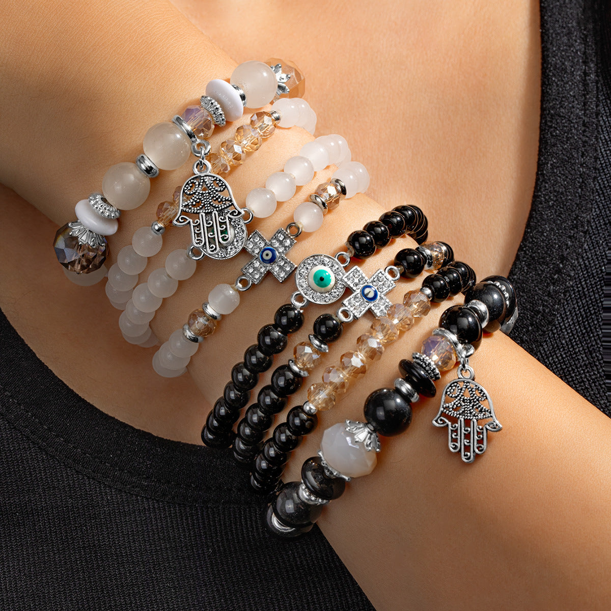 Wholesale alloy rhinestone cross evil eye palm pendant crystal beaded multi-layer bracelet
