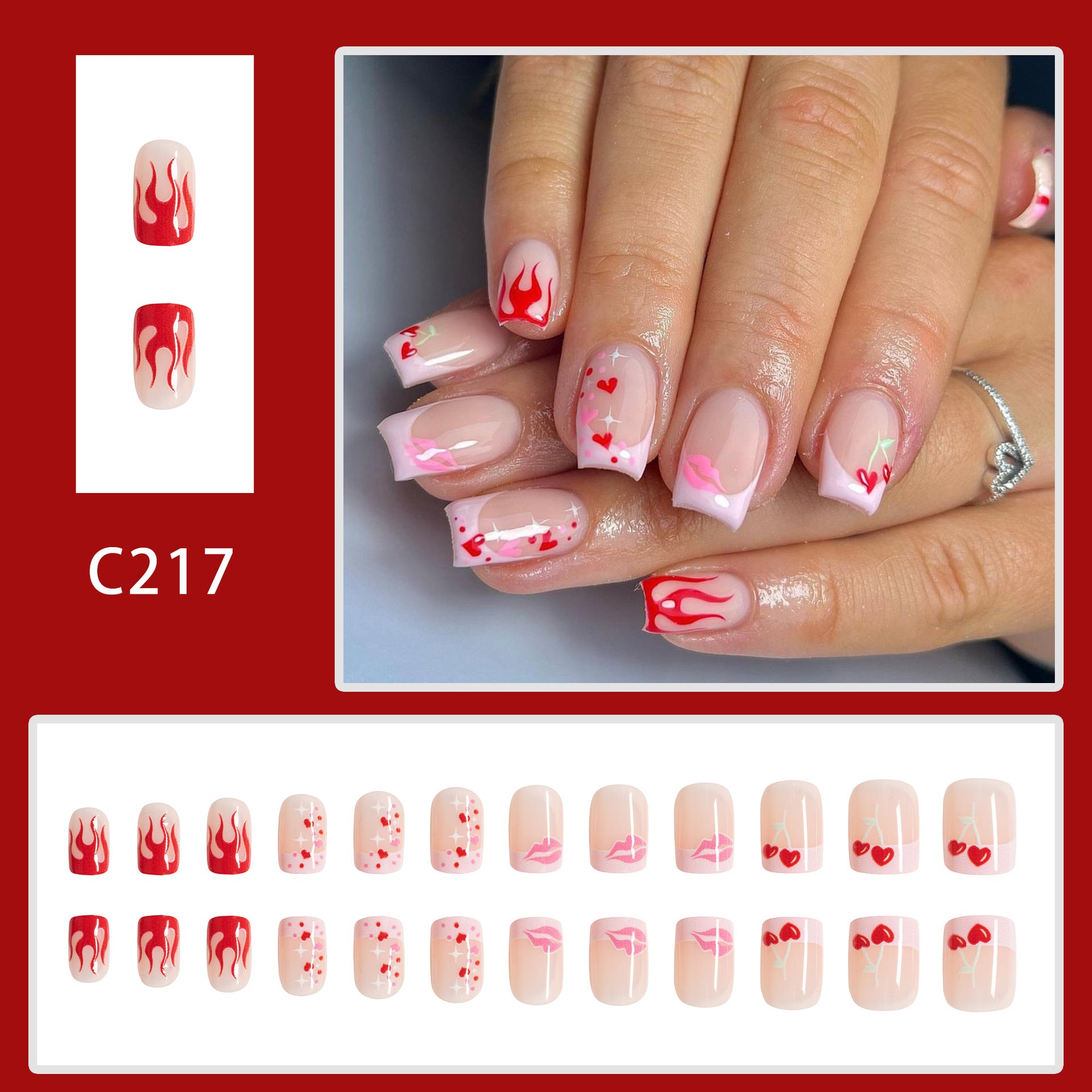 Wholesale 24 Pieces/box Valentine's Day Short Glossy Flame Love Manicure Press-on Nails Kits Nail Stickers ACC-NS-GuaiXL056