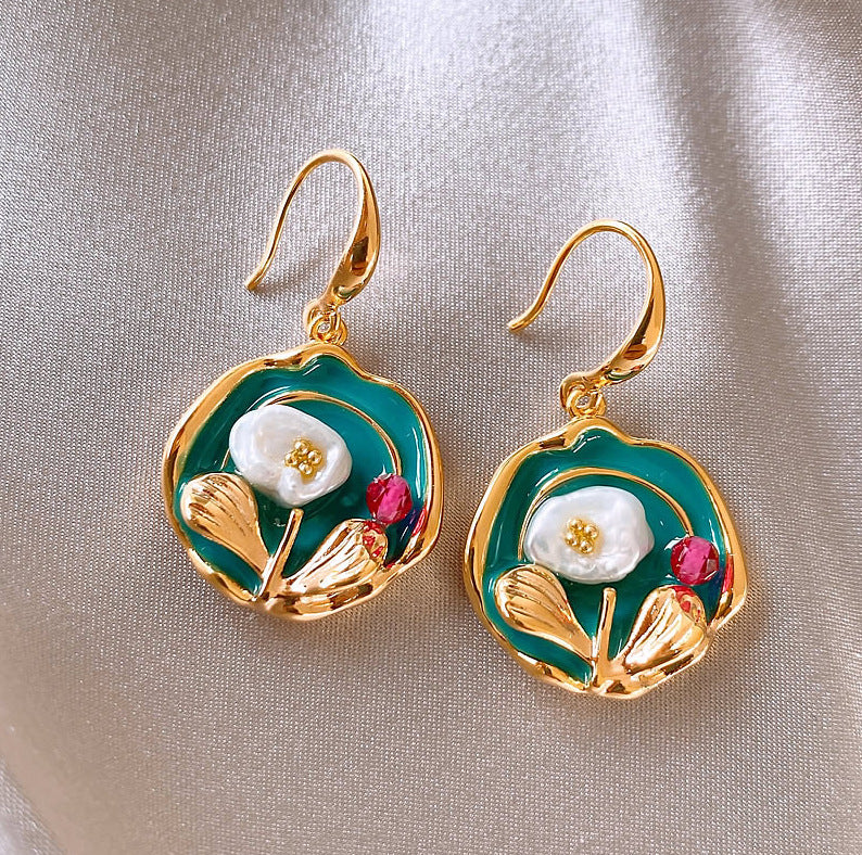 Wholesale Vintage Baroque Green Flower Earrings Alloy Dripping Glaze Fashion Accessory