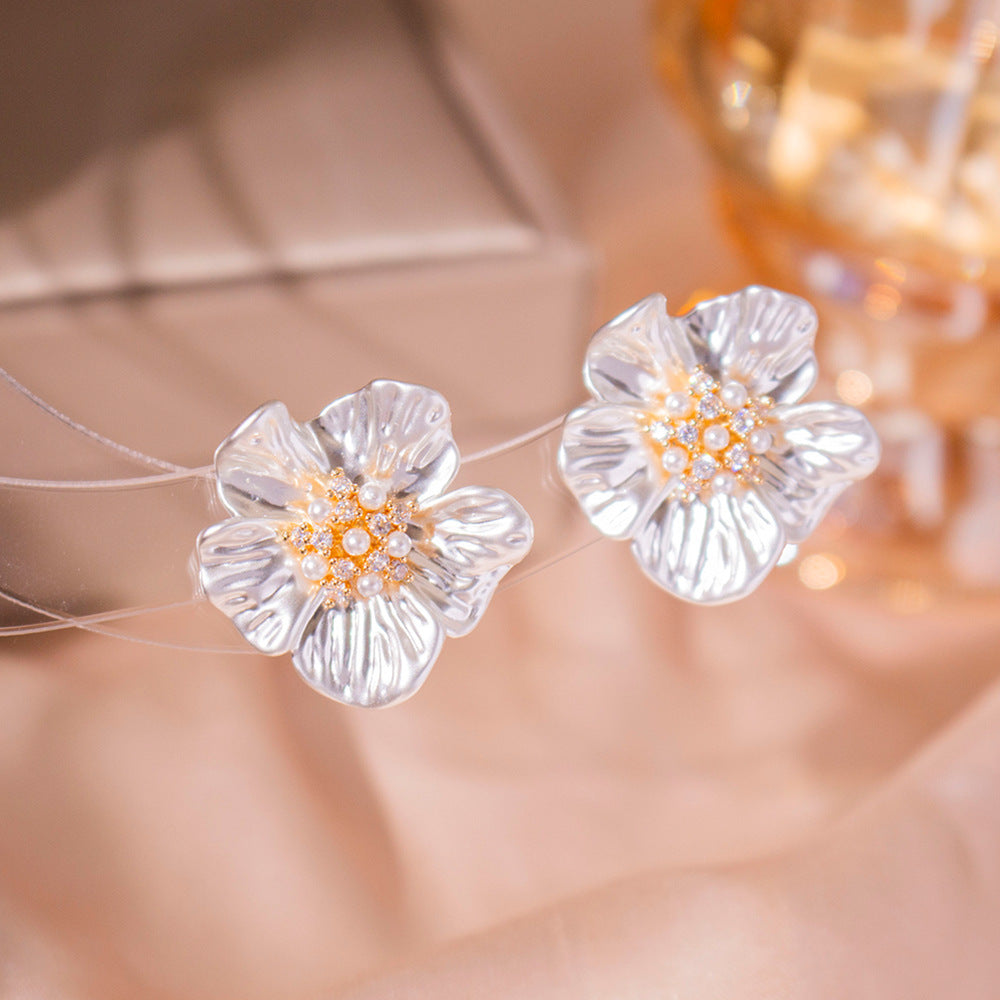 Wholesale  Zircon Pearl Camellia Ear Studs Light Luxury Flower Earrings