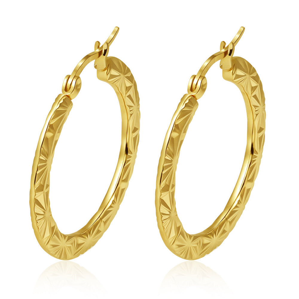 Wholesale Embossed Round Earrings Stainless Steel Gold Plated Everyday Wear Jewelry Accessory