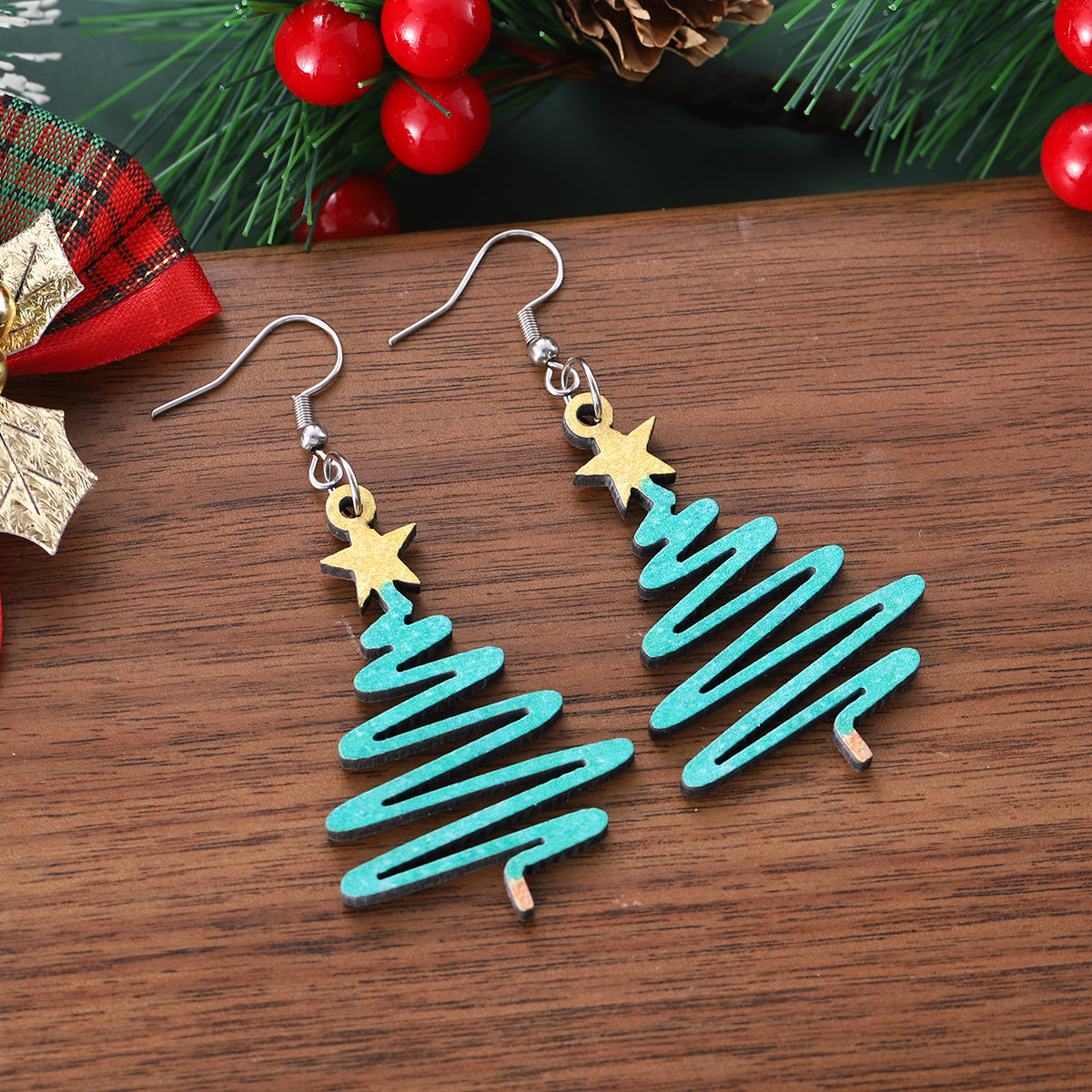Wholesale Christmas star Christmas tree pendant earrings wooden double-sided creative  earrings