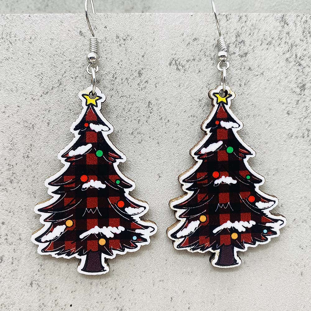 Wholesale Christmas Leopard Print Lights Christmas Tree Wood Earrings ACC-ES-ChenY086