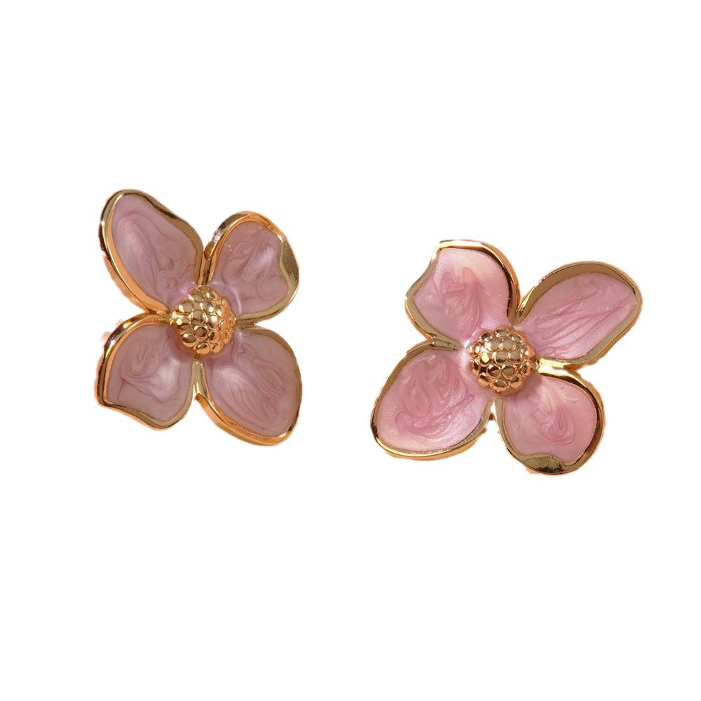 Wholesale  Retro Palace Flower Glaze Four-petal Flower Stainless Steel Earrings