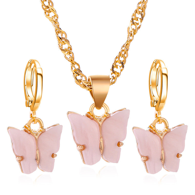 Wholesale Diamond Butterfly Water Drop Creative Necklace Earring Set ACC-NE-ChengJing001