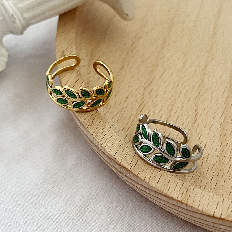 Wholesale Vintage Original Stainless Steel Oil Dropping Green Leaves  Ring
