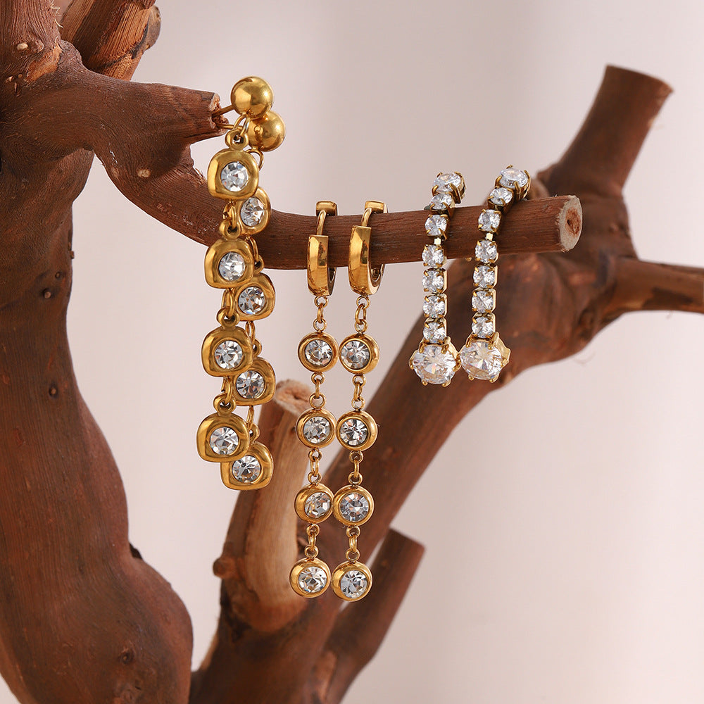Wholesale Stainless Steel Gold Plated Tassel Earrings with Zircon,  Fashion Accessory for Women
