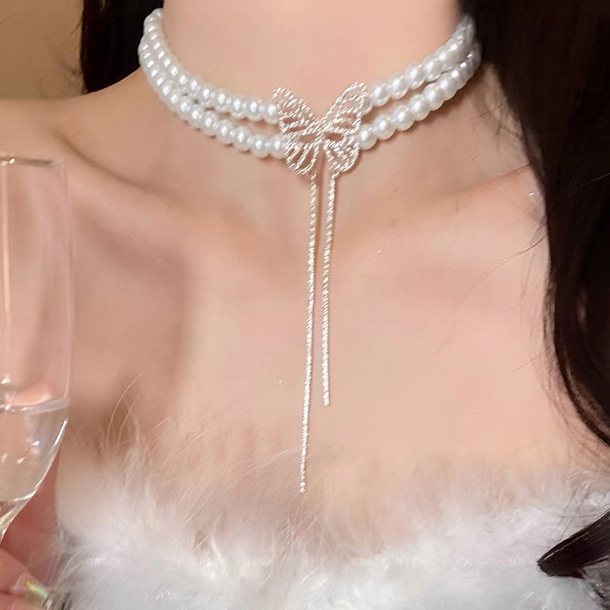 Wholesale Fairy Butterfly Multi-Layer Tassel Pendant Pearl Necklace Fashion Layering Jewelry for Boutique Resale
